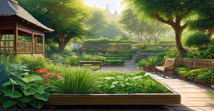 A traditional herbal medicine garden filled with various labeled plants under warm morning light, featuring a wooden bench and a stone path.