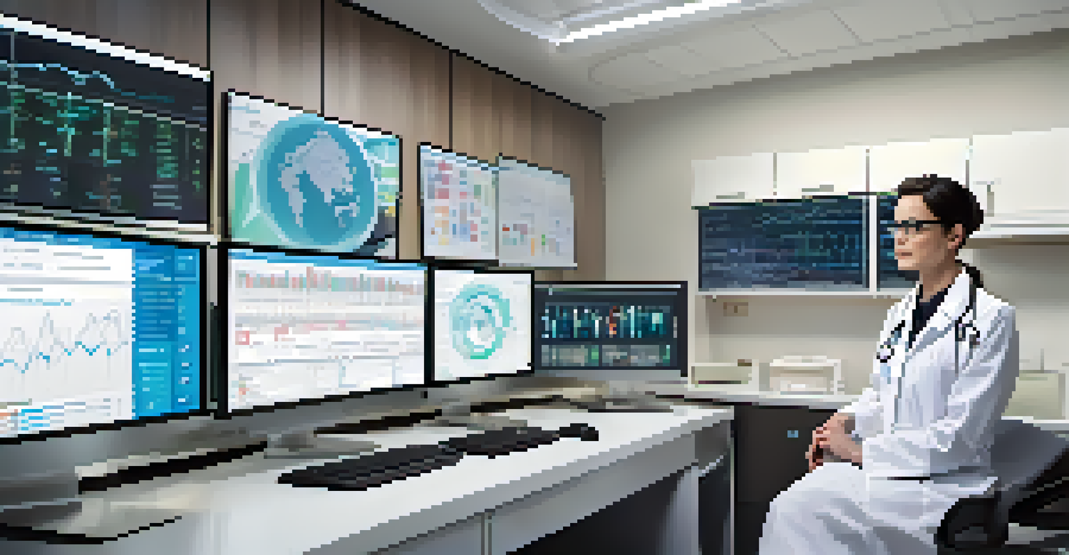 A healthcare professional analyzing patient data on a computer screen in a bright, modern clinic.