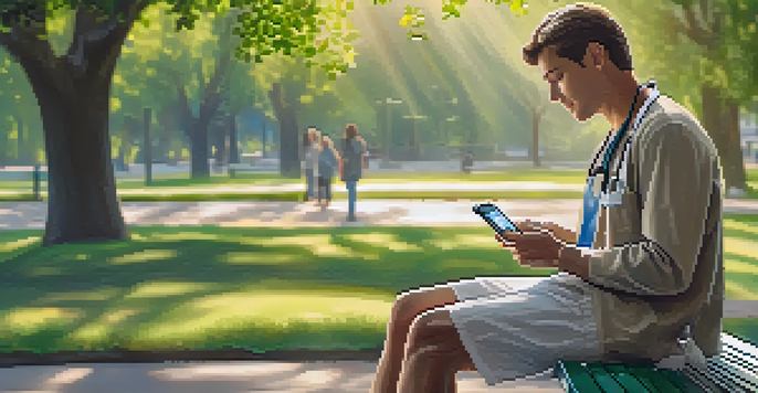 A patient in a park using a mobile health app on their smartphone while a healthcare provider stands nearby, surrounded by trees and sunlight.