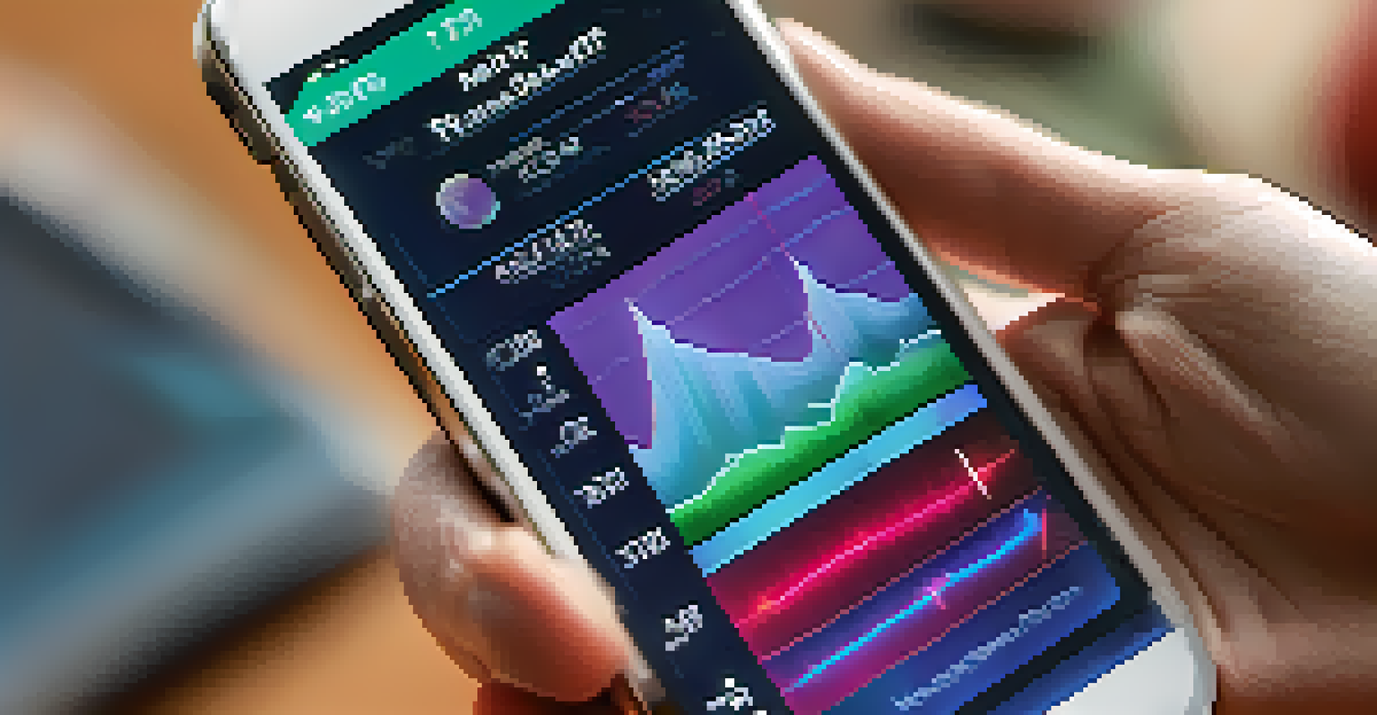A smartphone close-up showing a digital therapeutic app with health metrics graphs, with a soft-focus yoga scene in the background.