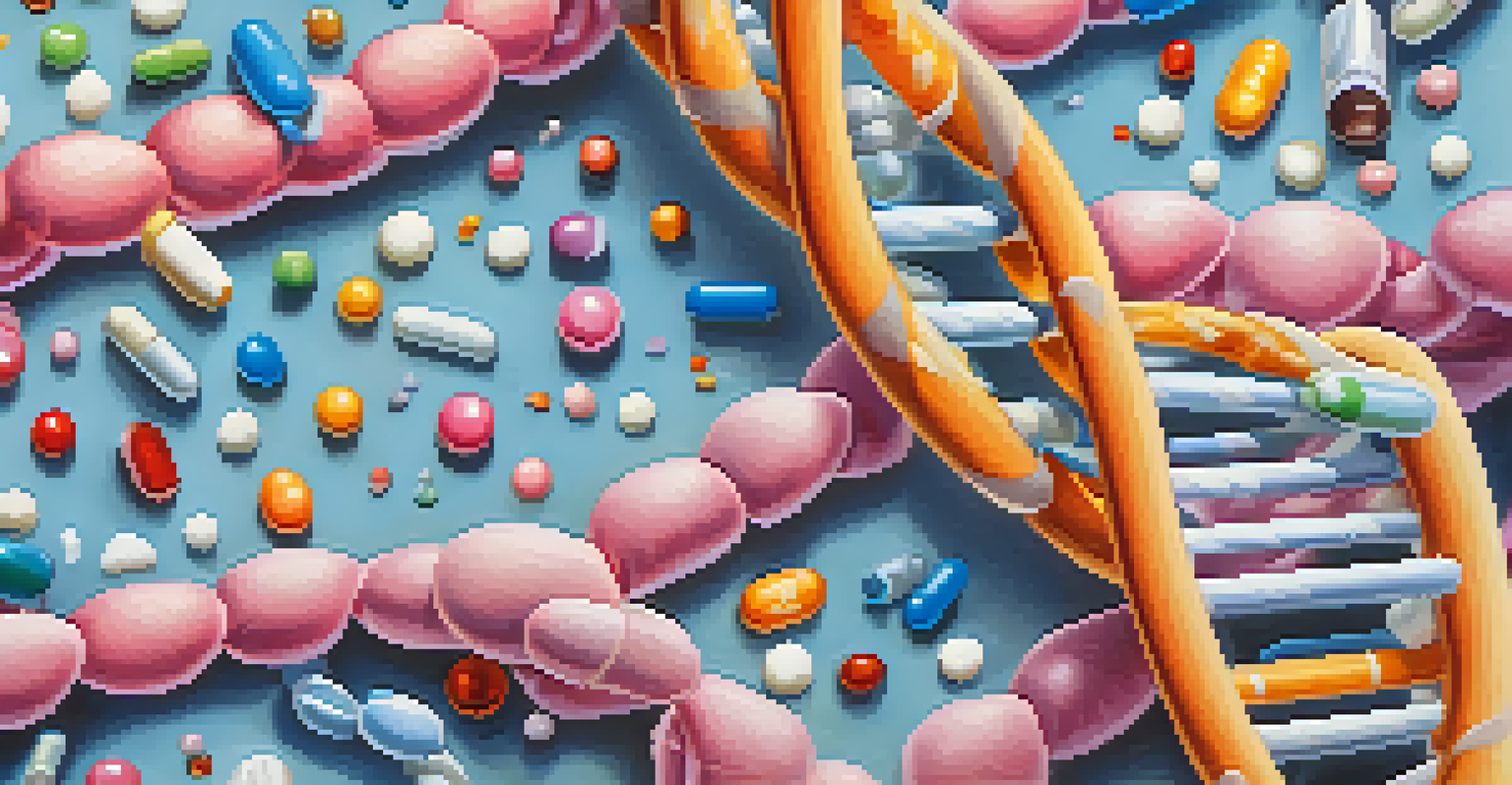 A colorful artistic depiction of DNA strands intertwined with cancer treatment options, symbolizing personalized medicine.