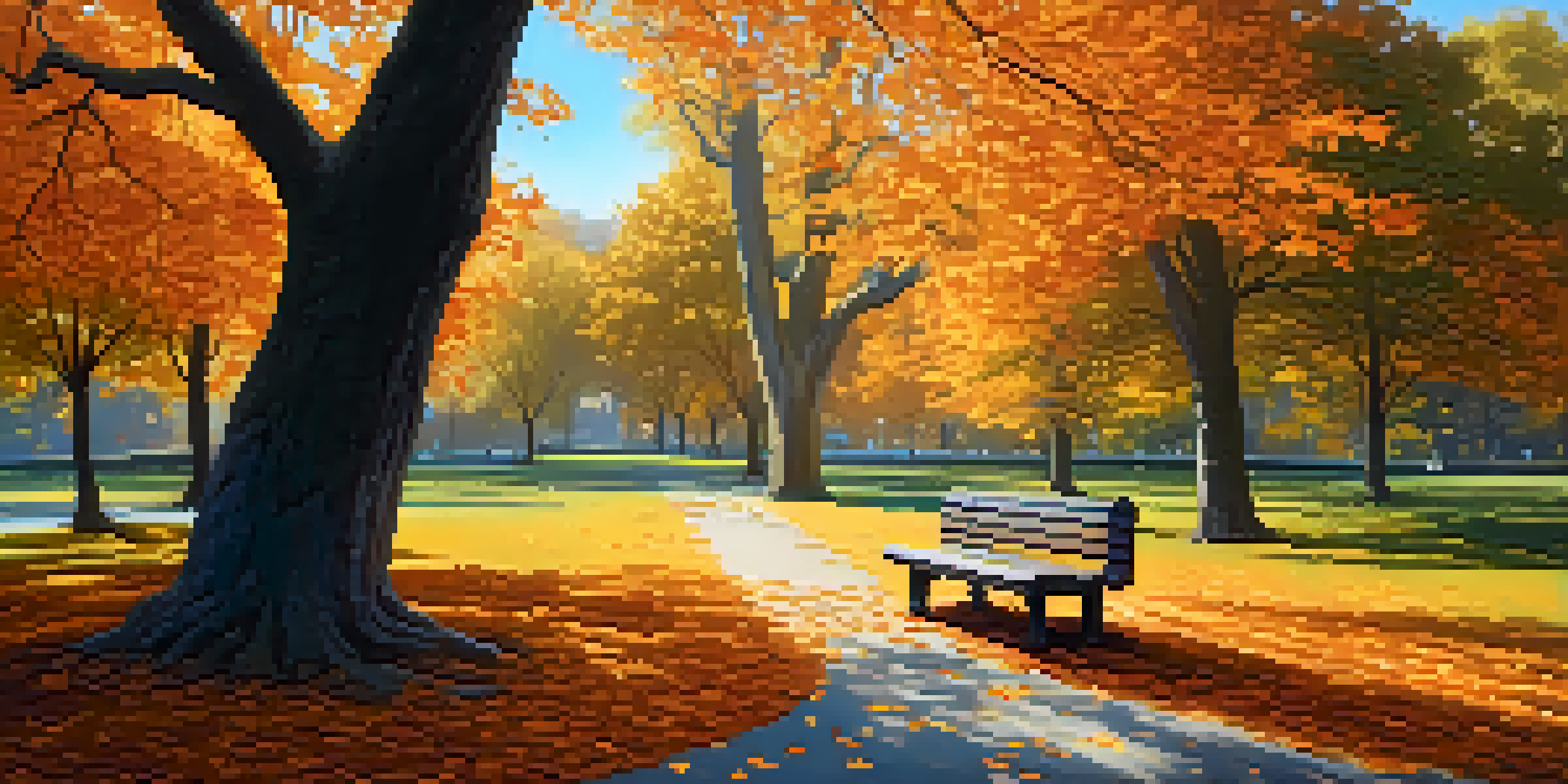 A peaceful autumn park with colorful leaves, a wooden bench, and sunlight filtering through tree branches.