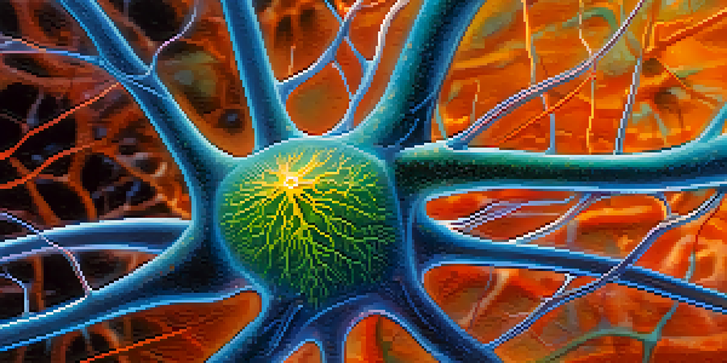 A close-up view of a neuron displaying its cell body, dendrites, and axon with vibrant colors and soft background.