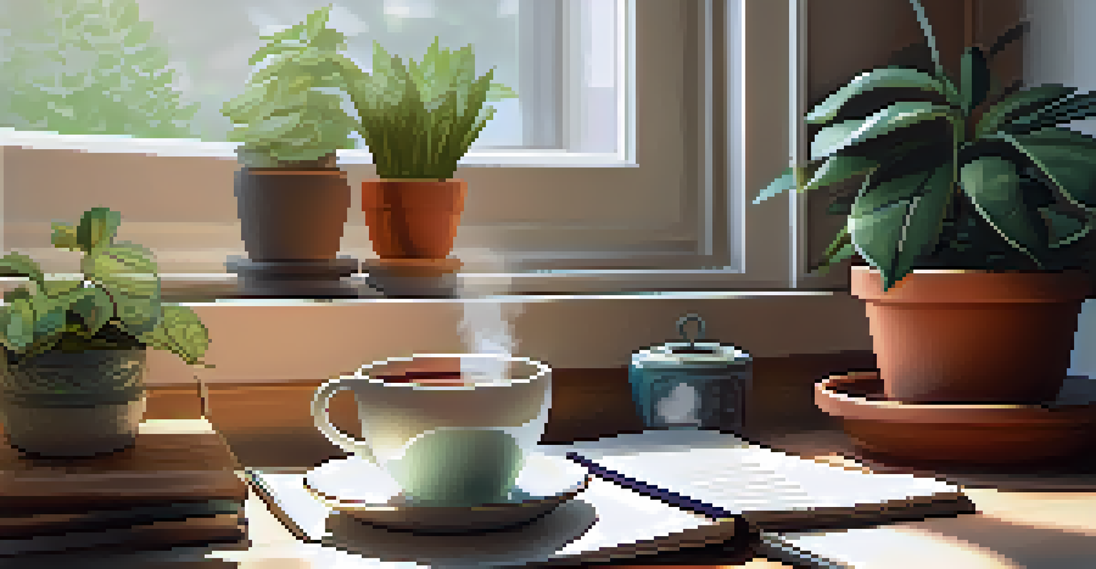 A cozy indoor wellness corner with a yoga mat, journal, and herbal tea, bathed in natural light and surrounded by plants.