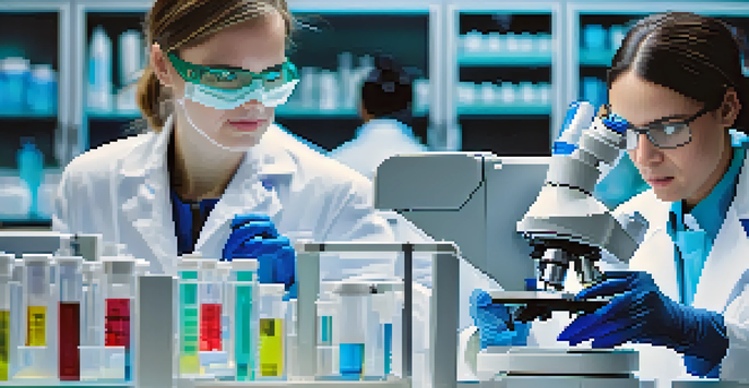 A pharmaceutical lab scene with scientists in white coats, focusing on a female scientist examining a vial under a microscope.