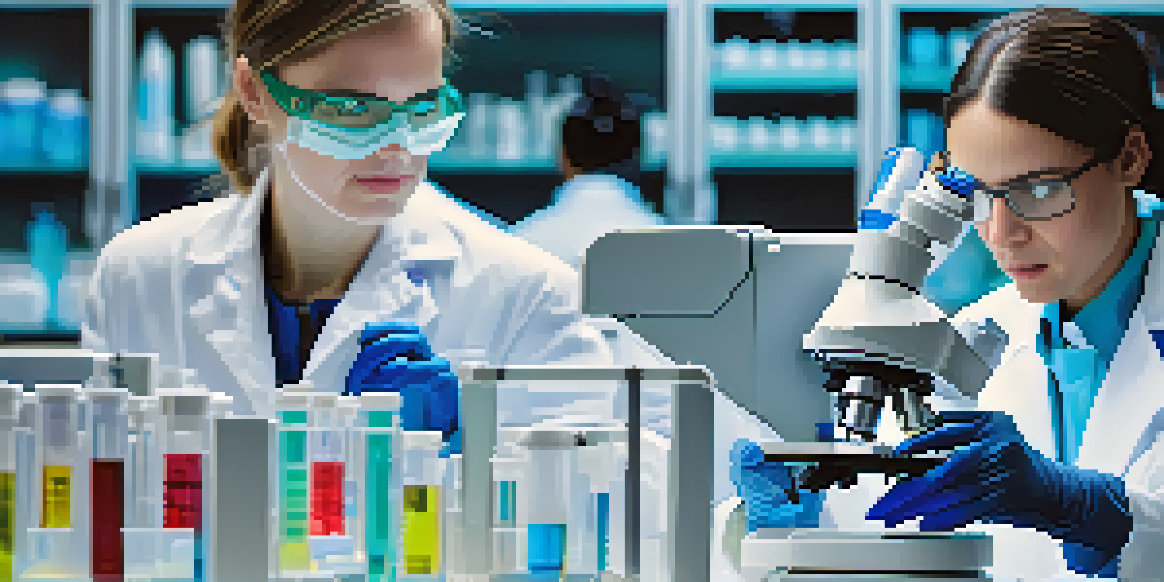 A pharmaceutical lab scene with scientists in white coats, focusing on a female scientist examining a vial under a microscope.