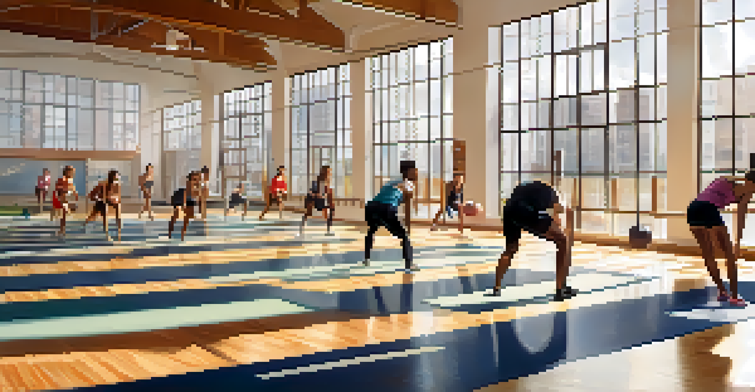 A group of diverse athletes warming up in a bright gym, engaged in dynamic stretches with natural light illuminating the space.