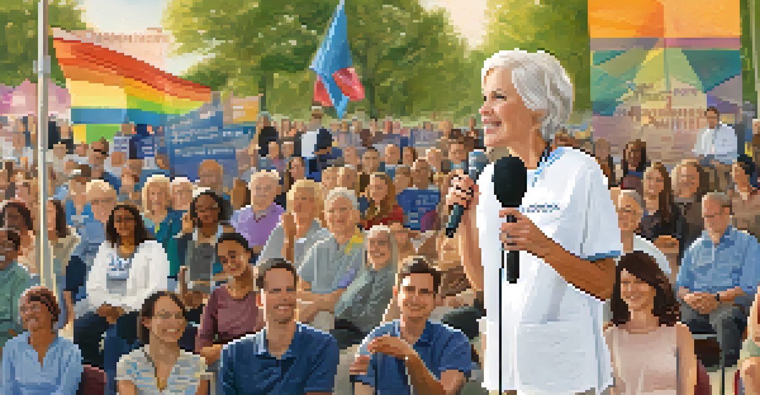 A patient advocate speaking at a community event, holding a microphone, with supportive banners in the background.