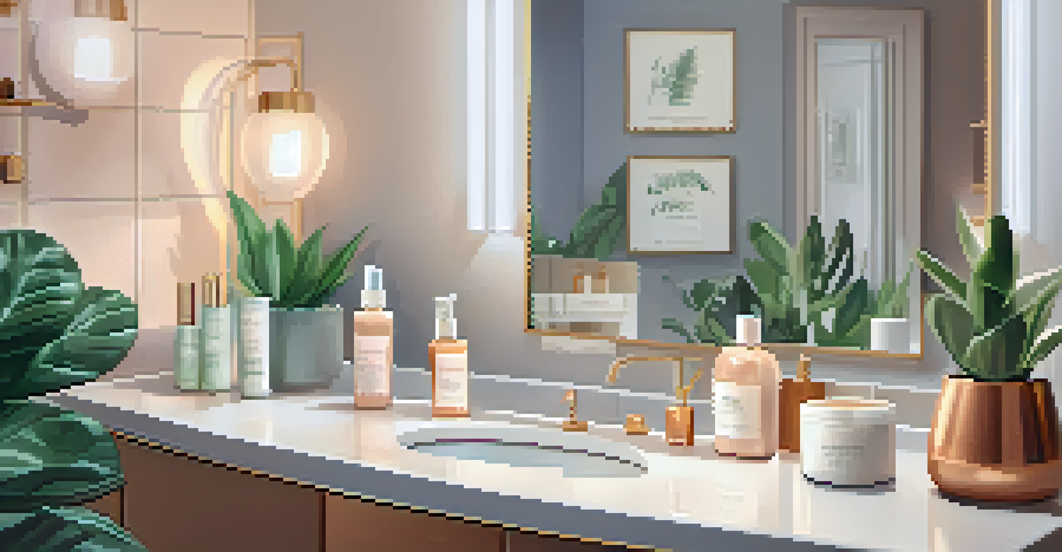 A peaceful bathroom scene showcasing skincare products for rosacea, with soft lighting and a potted plant, promoting a sense of calm and self-care.