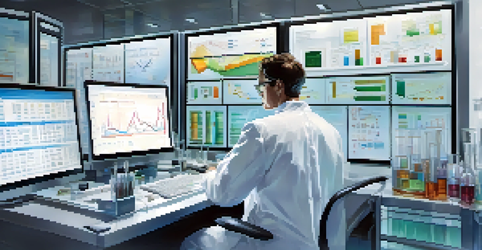 A researcher in a lab coat analyzing pharmaceutical data on a computer screen with graphs and charts in a modern laboratory.