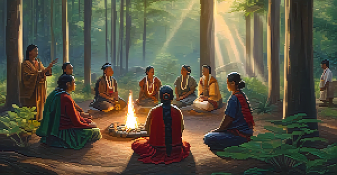A group of Indigenous people participating in a healing ceremony in a forest, with a medicine person using sage and warm light filtering through the trees.