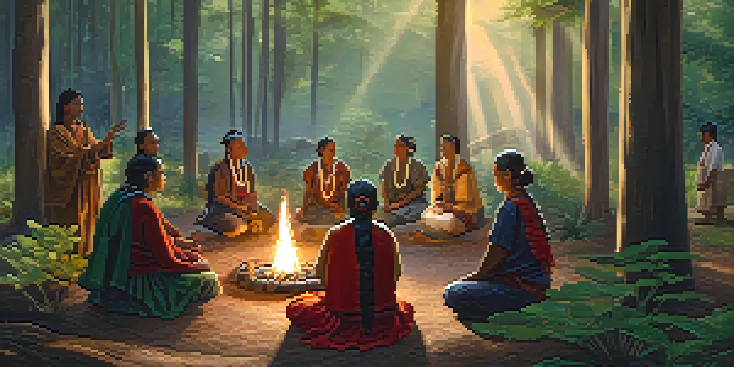 A group of Indigenous people participating in a healing ceremony in a forest, with a medicine person using sage and warm light filtering through the trees.
