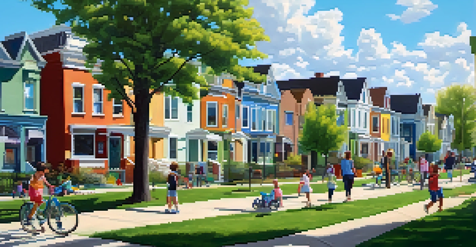 A lively neighborhood park filled with families and children playing, surrounded by colorful houses and trees under a clear blue sky.