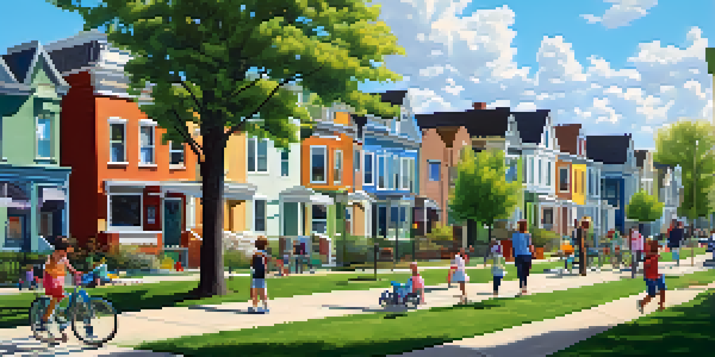 A lively neighborhood park filled with families and children playing, surrounded by colorful houses and trees under a clear blue sky.