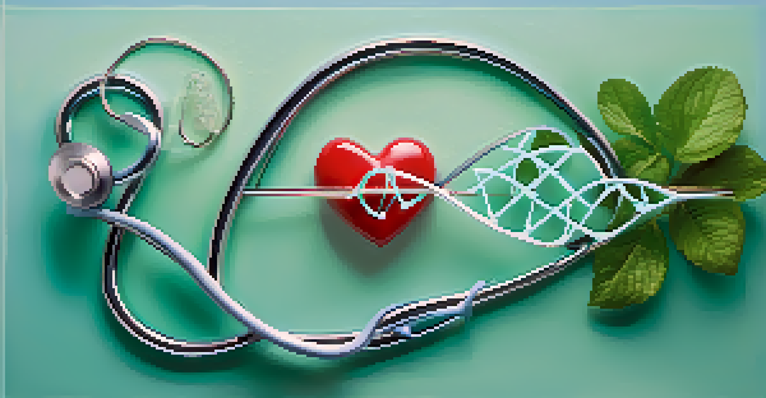 A creative image of a DNA strand mixed with heart health symbols, illustrating the link between genetics and cardiovascular care.