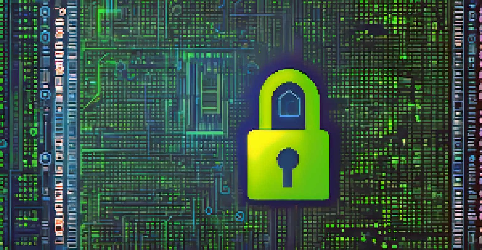 An abstract image showcasing a digital lock over binary code and healthcare symbols, representing data security in telemedicine.