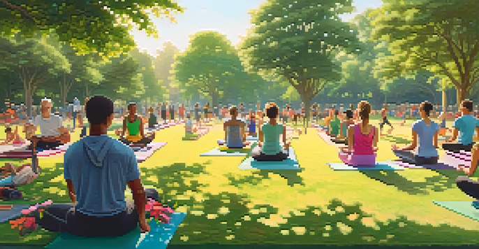 A diverse group of people participating in healthy activities like jogging and yoga in a sunlit park, surrounded by greenery and flowers.