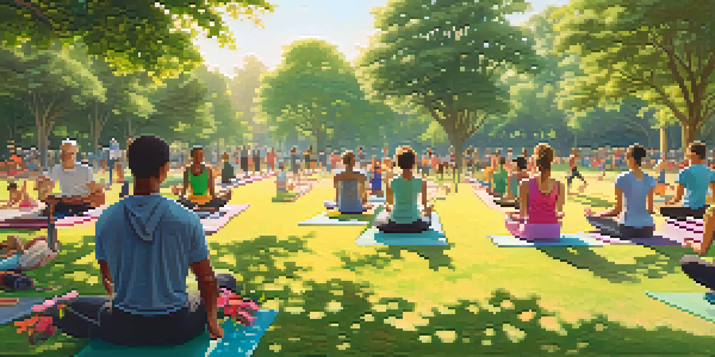 A diverse group of people participating in healthy activities like jogging and yoga in a sunlit park, surrounded by greenery and flowers.