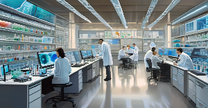 A diverse group of scientists in a laboratory environment working together on genetic data analysis, highlighting teamwork and advanced technology.