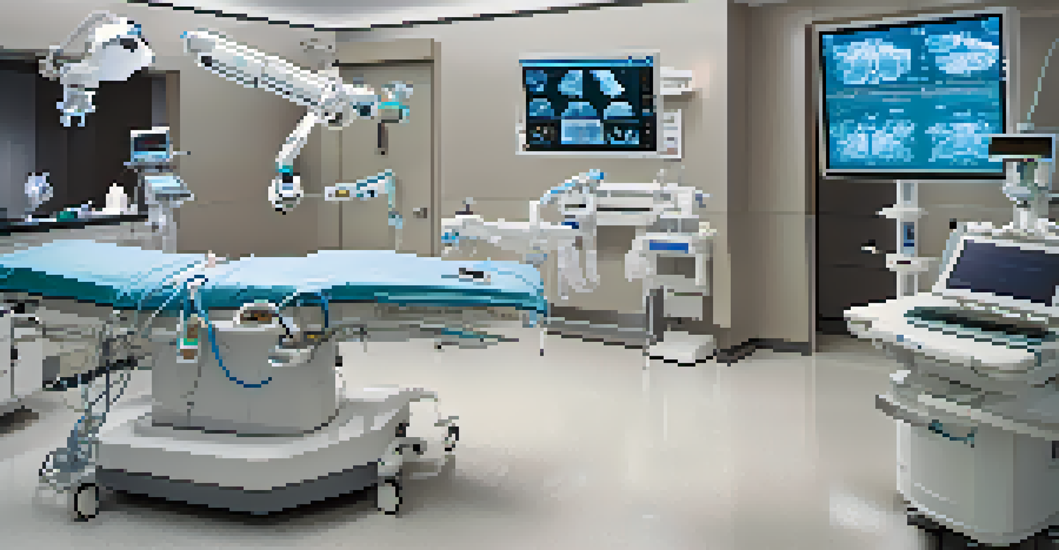 A modern surgical room featuring robotic surgical systems with a surgeon operating the da Vinci Surgical System.