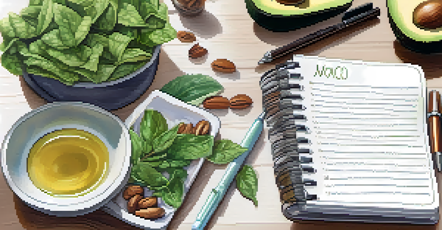A notebook with a nutrition plan next to whole foods and a cup of tea, all set in a cozy environment.