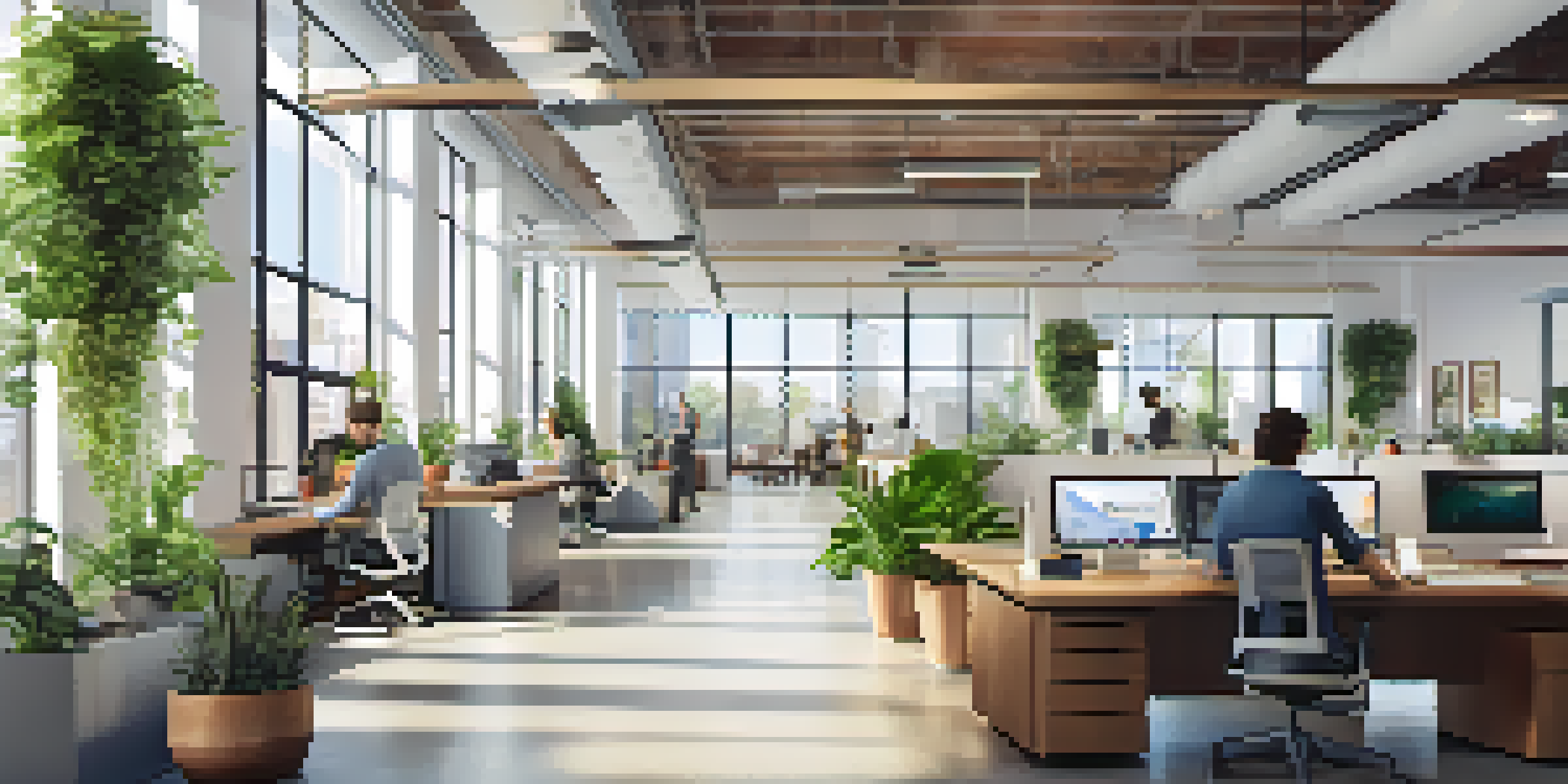 A well-lit modern office with natural light, ergonomic furniture, and employees collaborating happily.