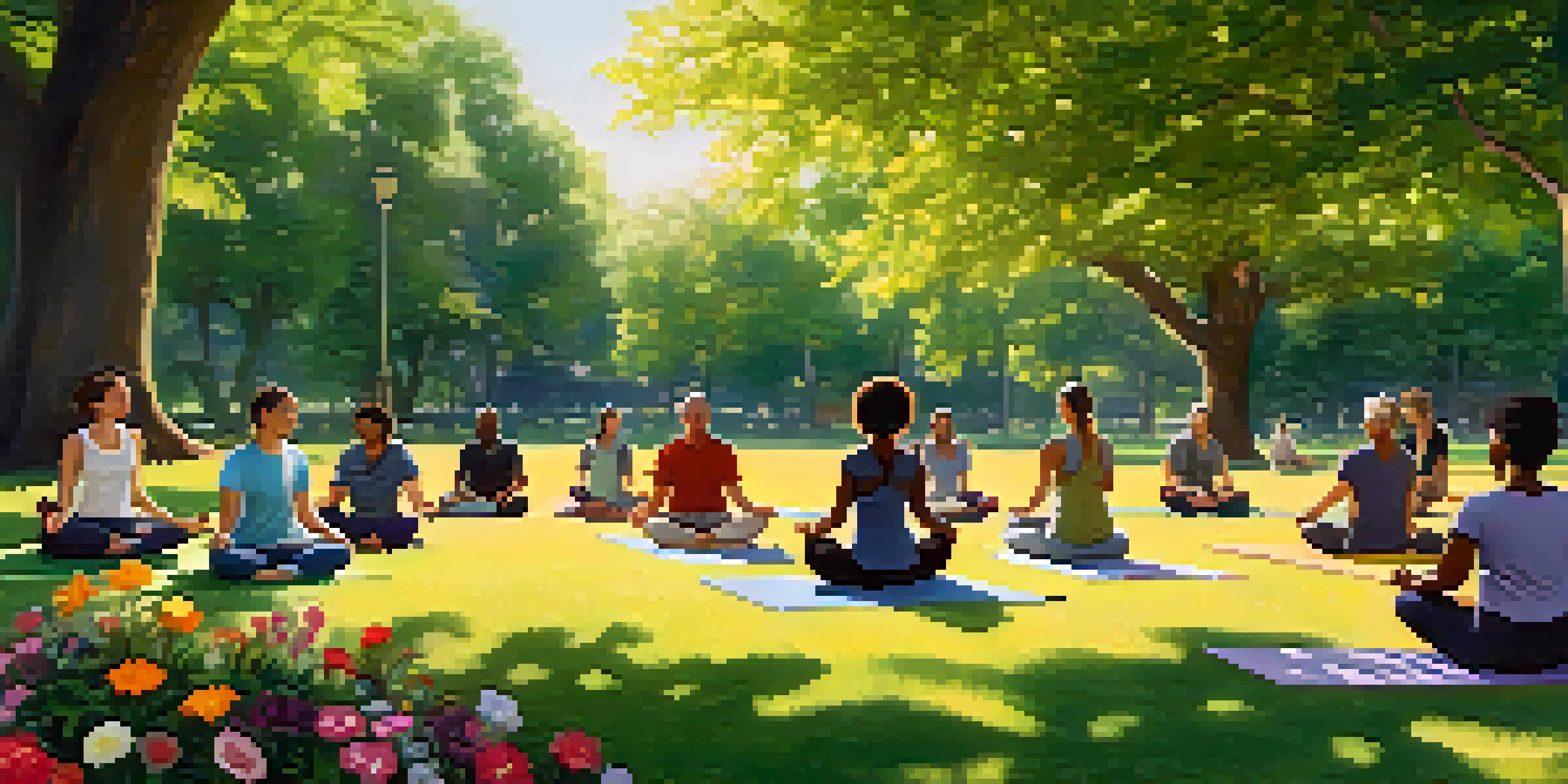 A diverse group of people practicing mindfulness in a lush green park, with sunlight filtering through trees and colorful flowers blooming nearby.