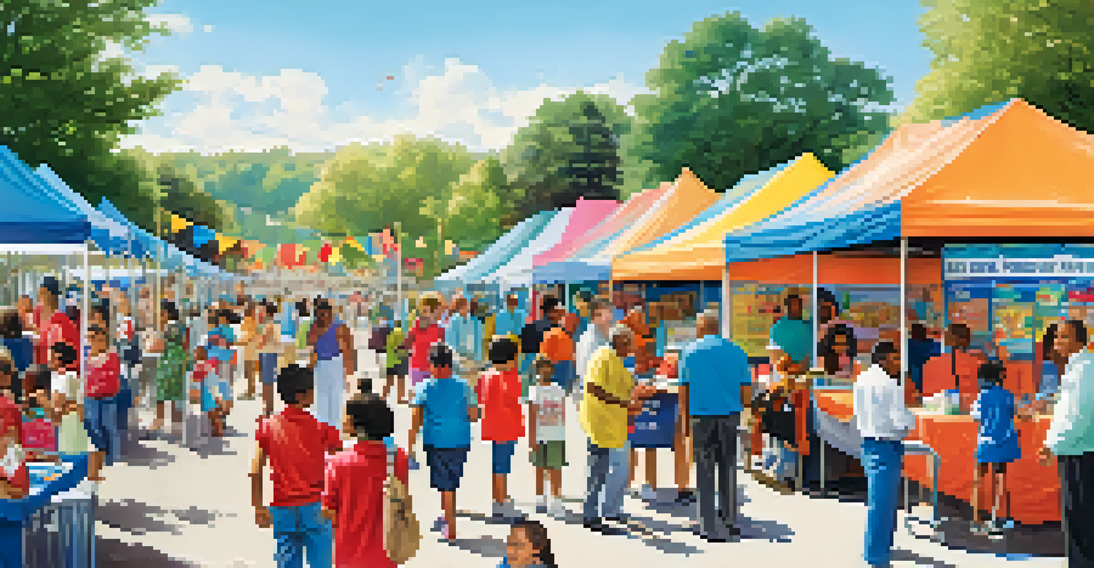 A lively community health fair with various booths and people participating in health screenings under a blue sky.