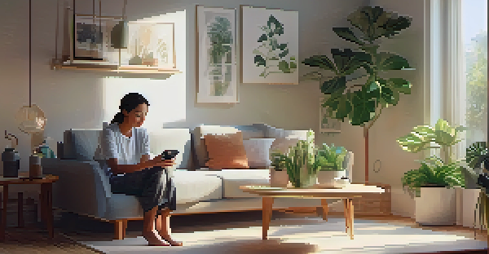 A person using a smartwatch in a cozy living room, with soft morning light and indoor plants around.