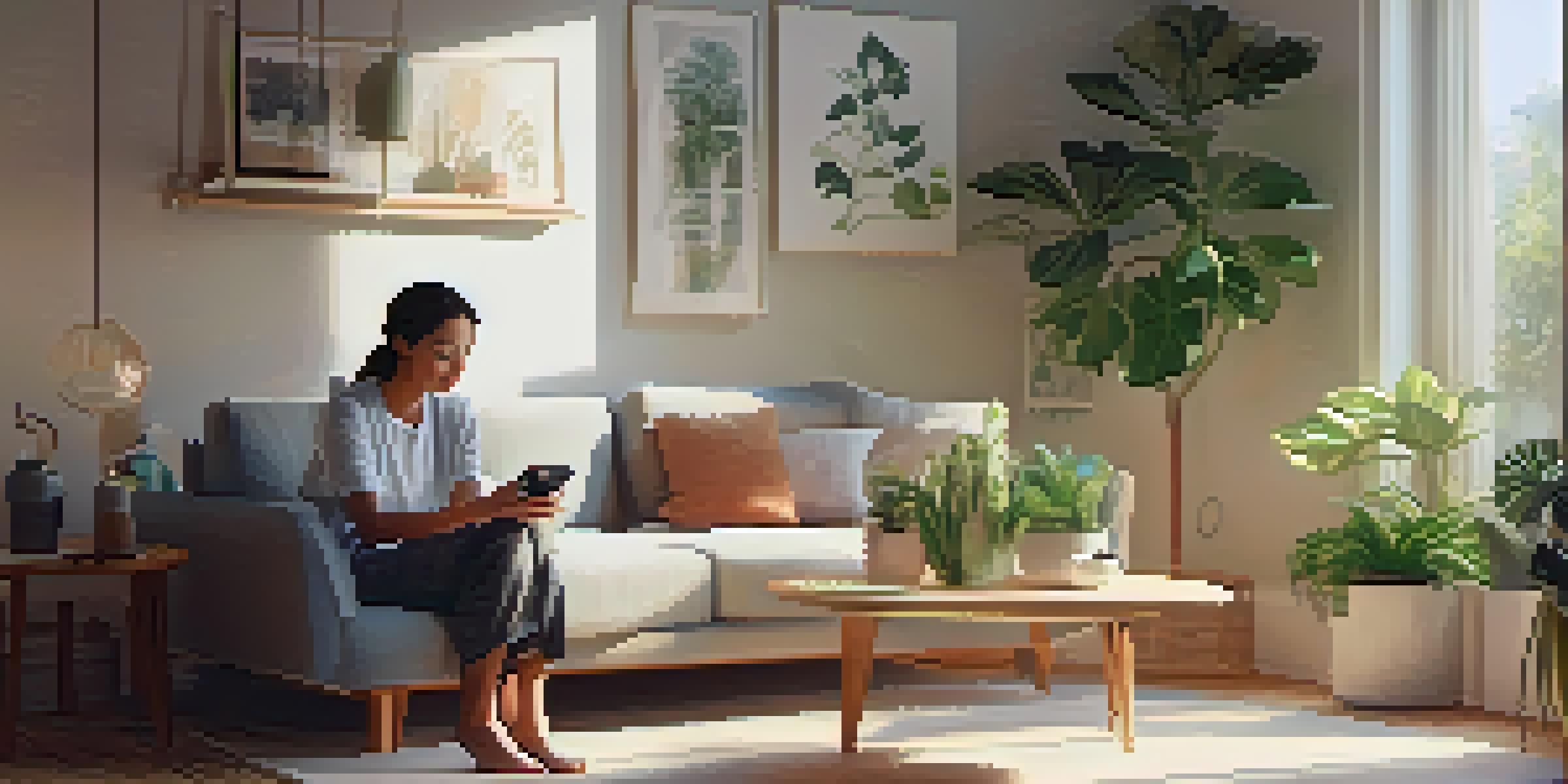 A person using a smartwatch in a cozy living room, with soft morning light and indoor plants around.