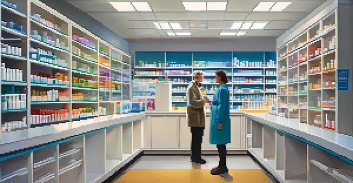 A clinical pharmacist explaining insulin usage to a diabetic patient in a modern pharmacy.