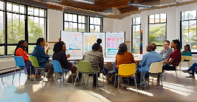 A diverse group of individuals participating in a community health workshop, discussing health literacy with visual aids.