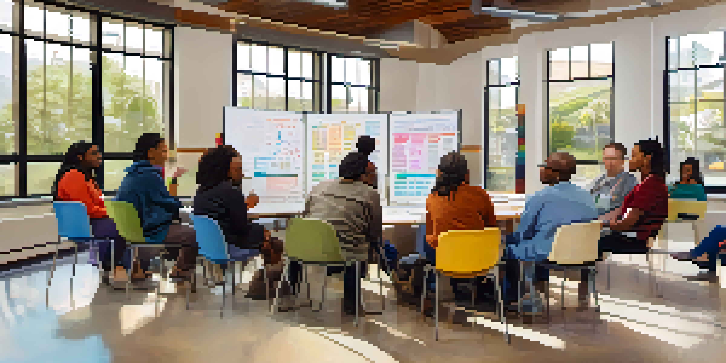 A diverse group of individuals participating in a community health workshop, discussing health literacy with visual aids.