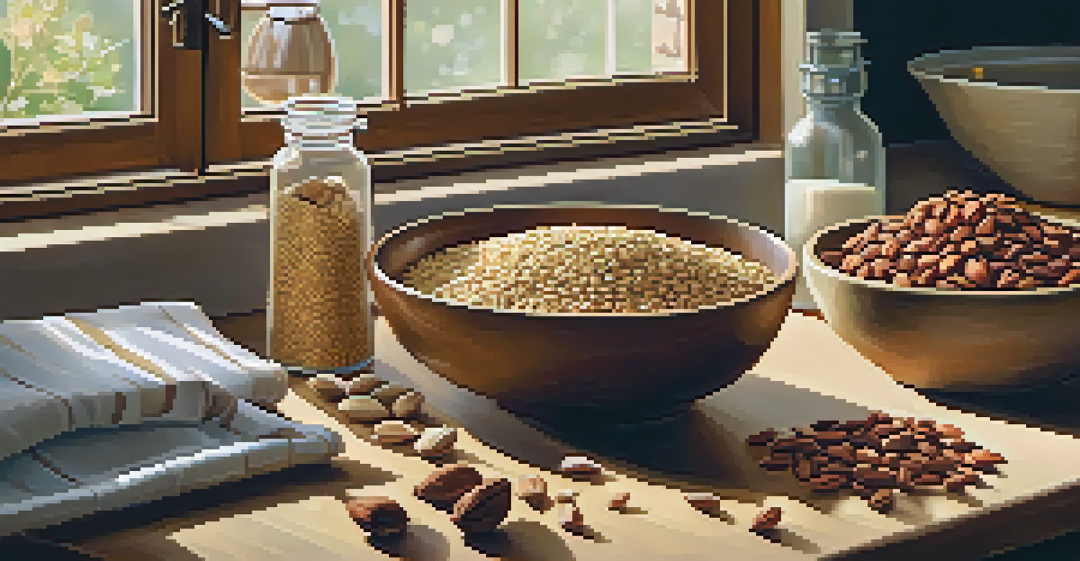 A cozy kitchen countertop with bowls of nuts, seeds, and whole grains, bathed in warm sunlight.
