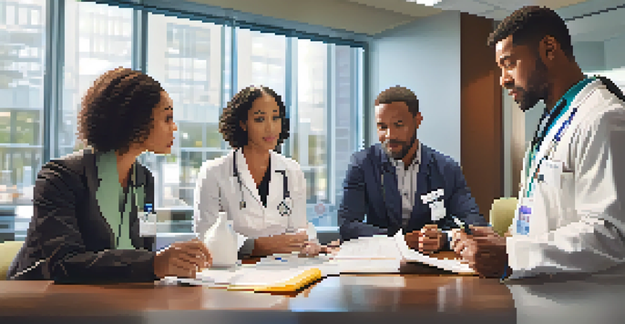 A diverse group of healthcare professionals in a bright clinic discussing a drug formulary with papers and tablets on the table.