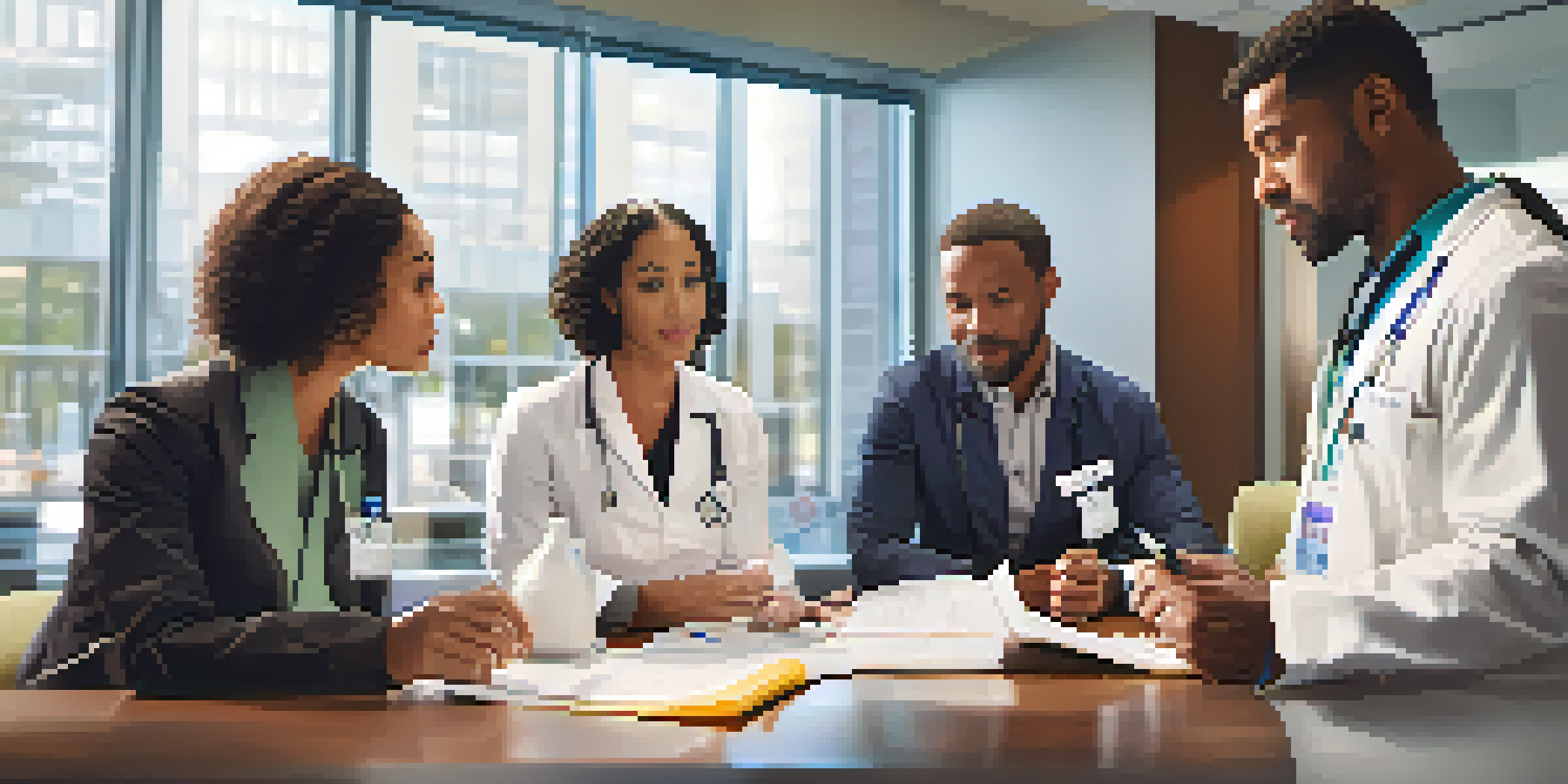 A diverse group of healthcare professionals in a bright clinic discussing a drug formulary with papers and tablets on the table.