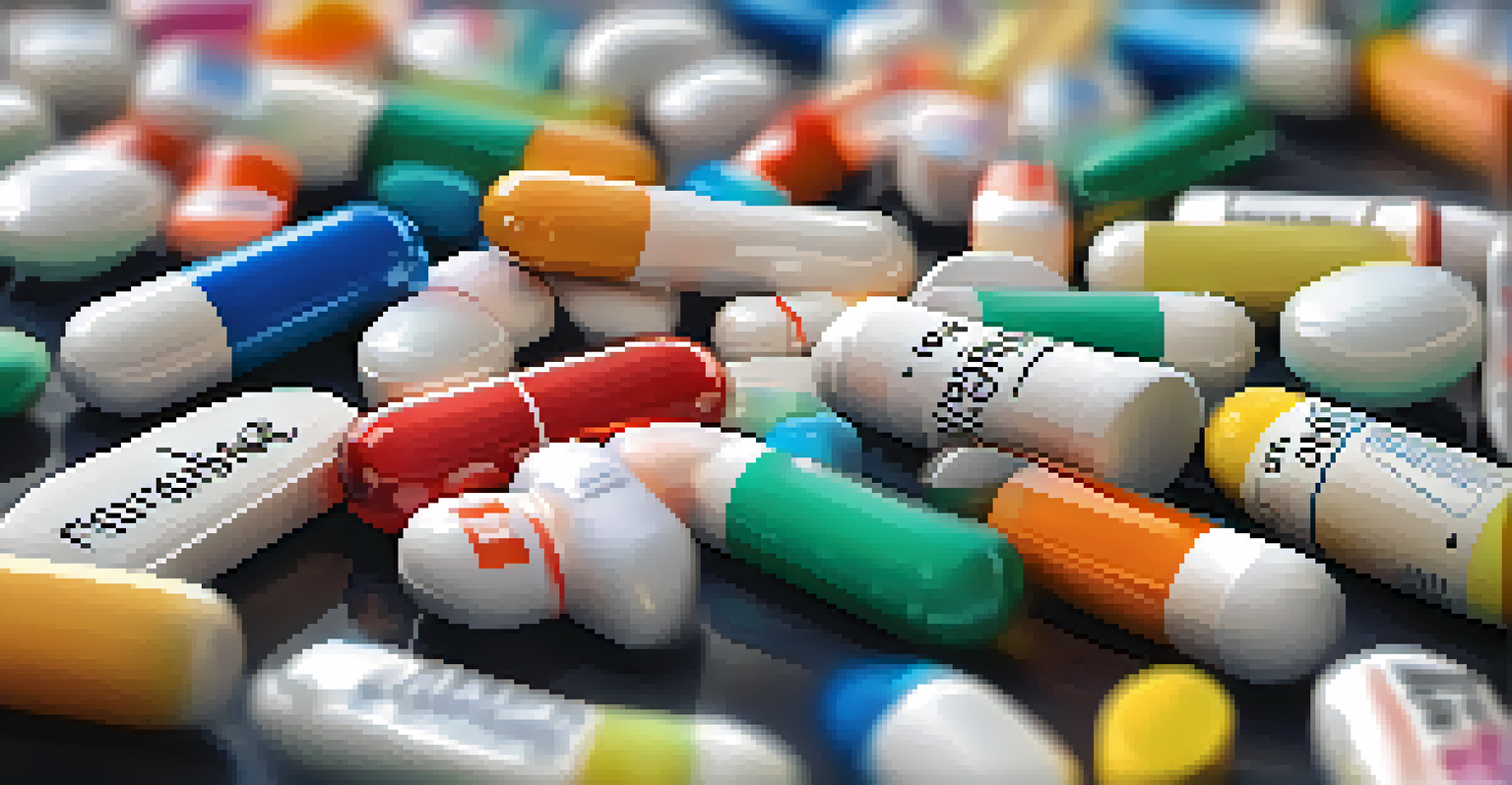 A pill bottle spilling out colorful medications labeled with new uses, set against a blurred hospital background.