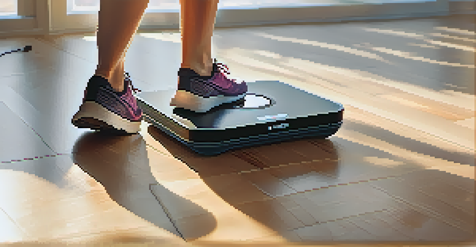 A close-up of a smart scale showing body composition metrics on a wooden floor, with a fitness mat and running shoes in the background.