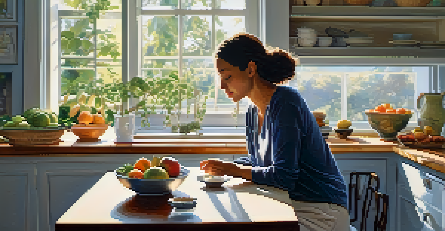 A person engaging in mindful eating at a table filled with fresh fruits and a glass of water, with sunlight pouring in through the window.