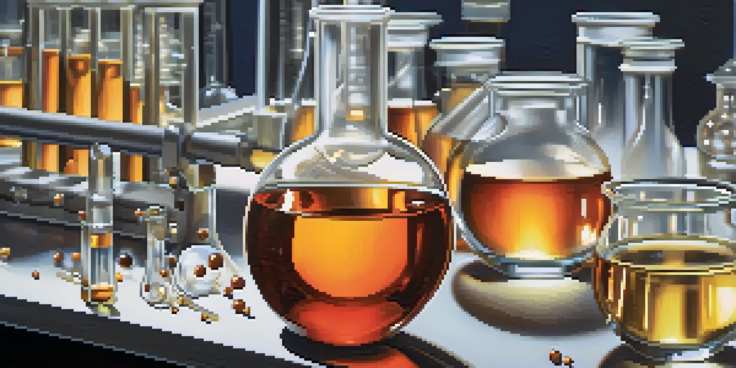 A close-up view of various types of nanoparticles suspended in a clear solution, with laboratory equipment in the background.