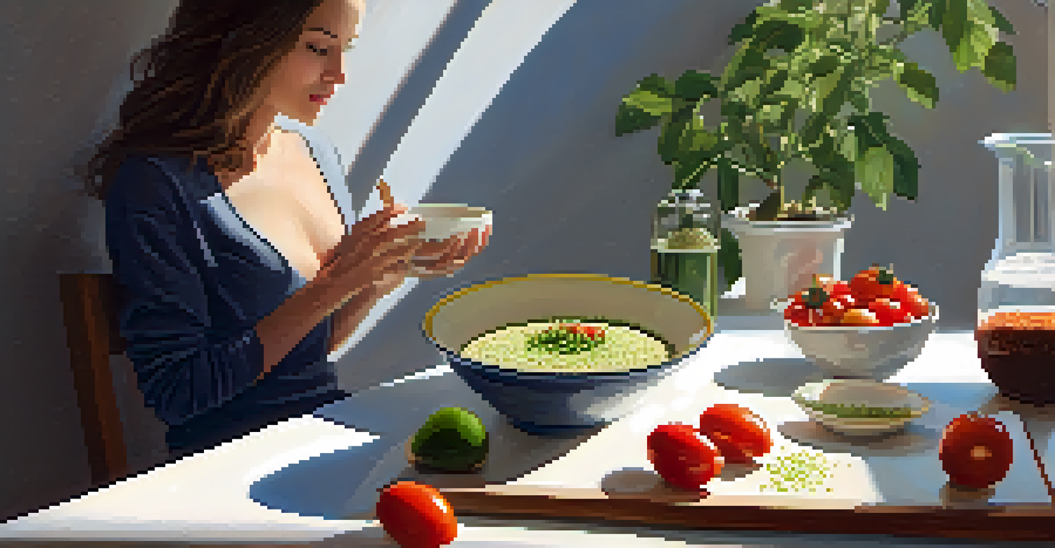 A person practicing mindful eating with a bowl of healthy food, surrounded by a peaceful indoor setting with plants.