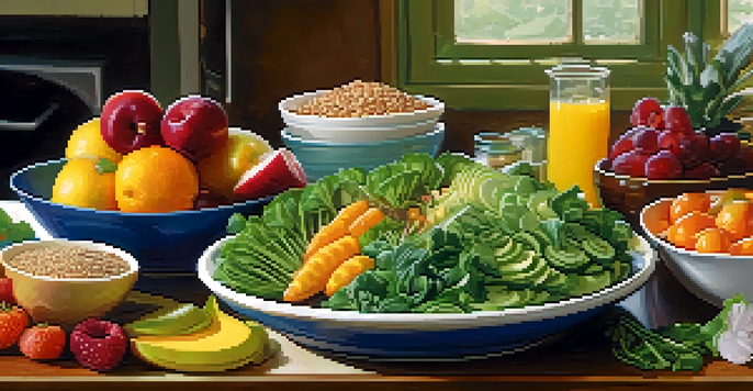 A colorful plate filled with fresh organic foods like leafy greens and vibrant fruits, set in a softly lit kitchen, emphasizing healthy living.