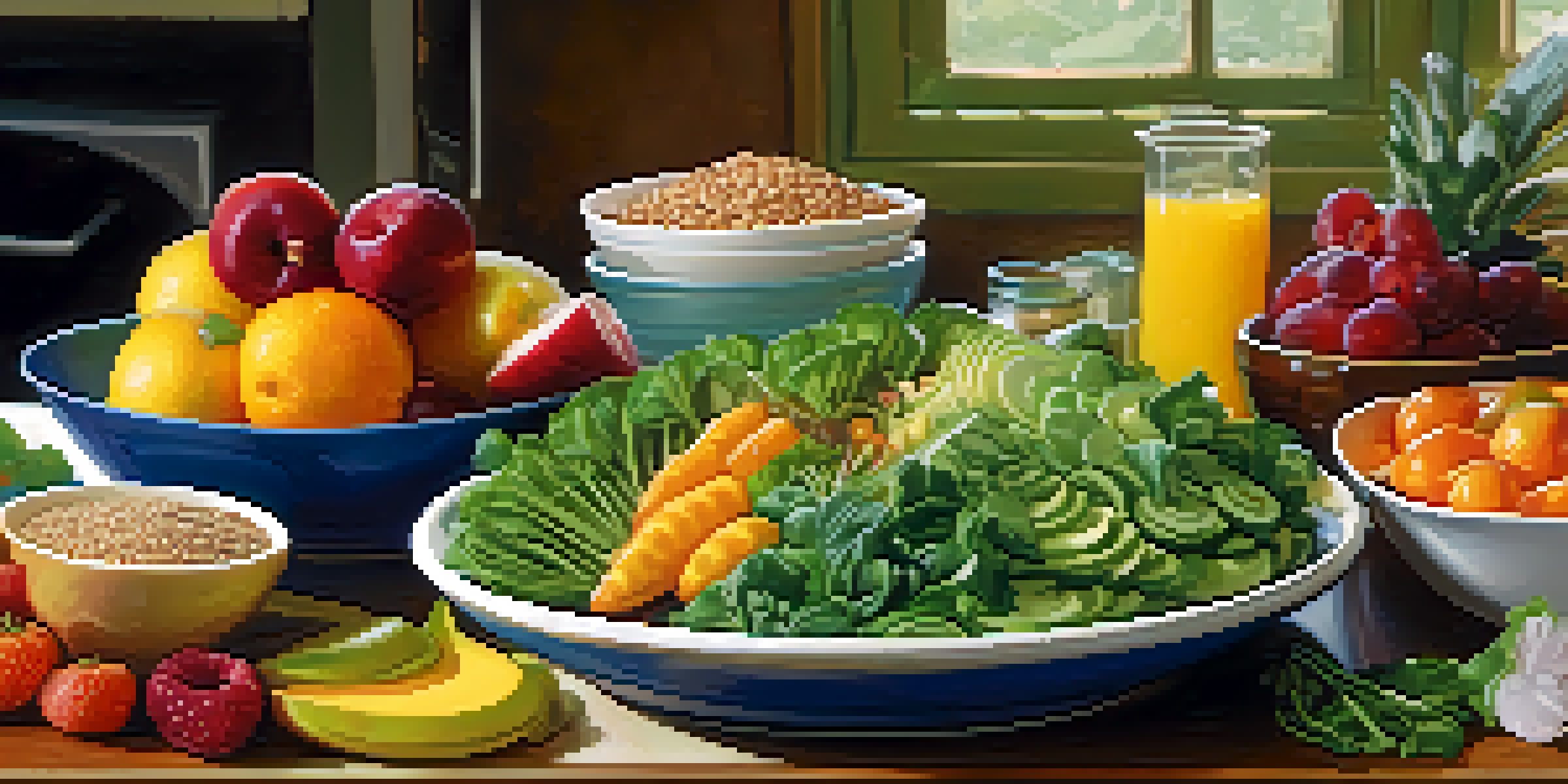 A colorful plate filled with fresh organic foods like leafy greens and vibrant fruits, set in a softly lit kitchen, emphasizing healthy living.