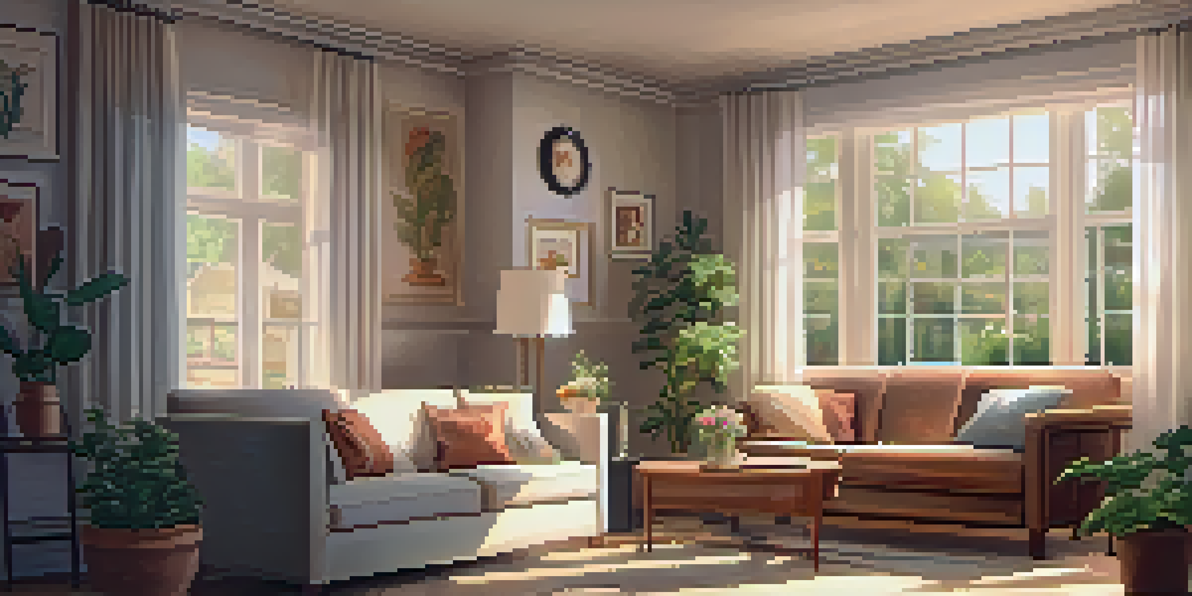 An elderly couple enjoying a moment together on a sofa, looking through a photo album in a bright and cozy room with plants and family photos.