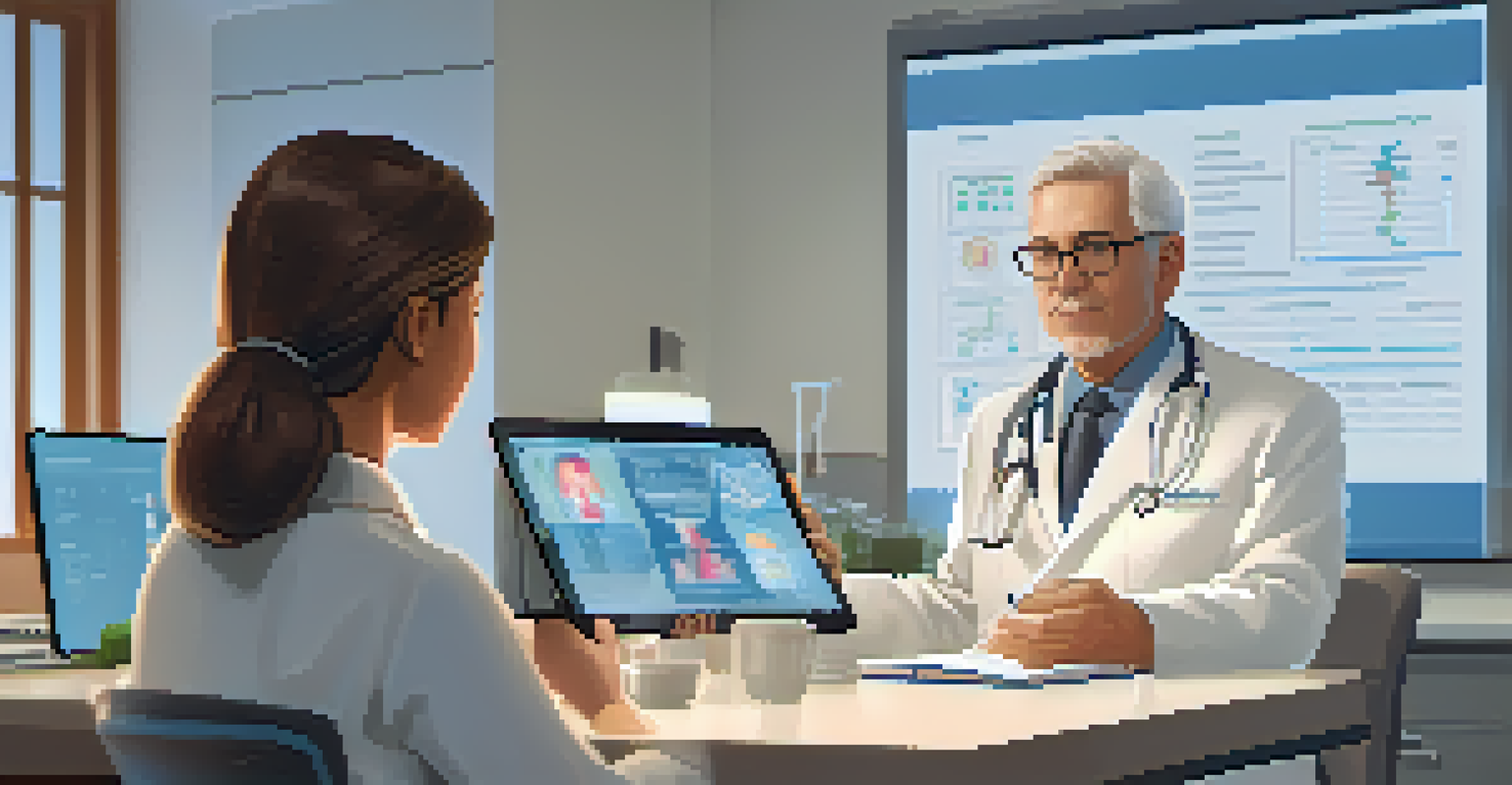 A healthcare professional discussing clinical trial options with an engaged patient in a warmly lit hospital room.