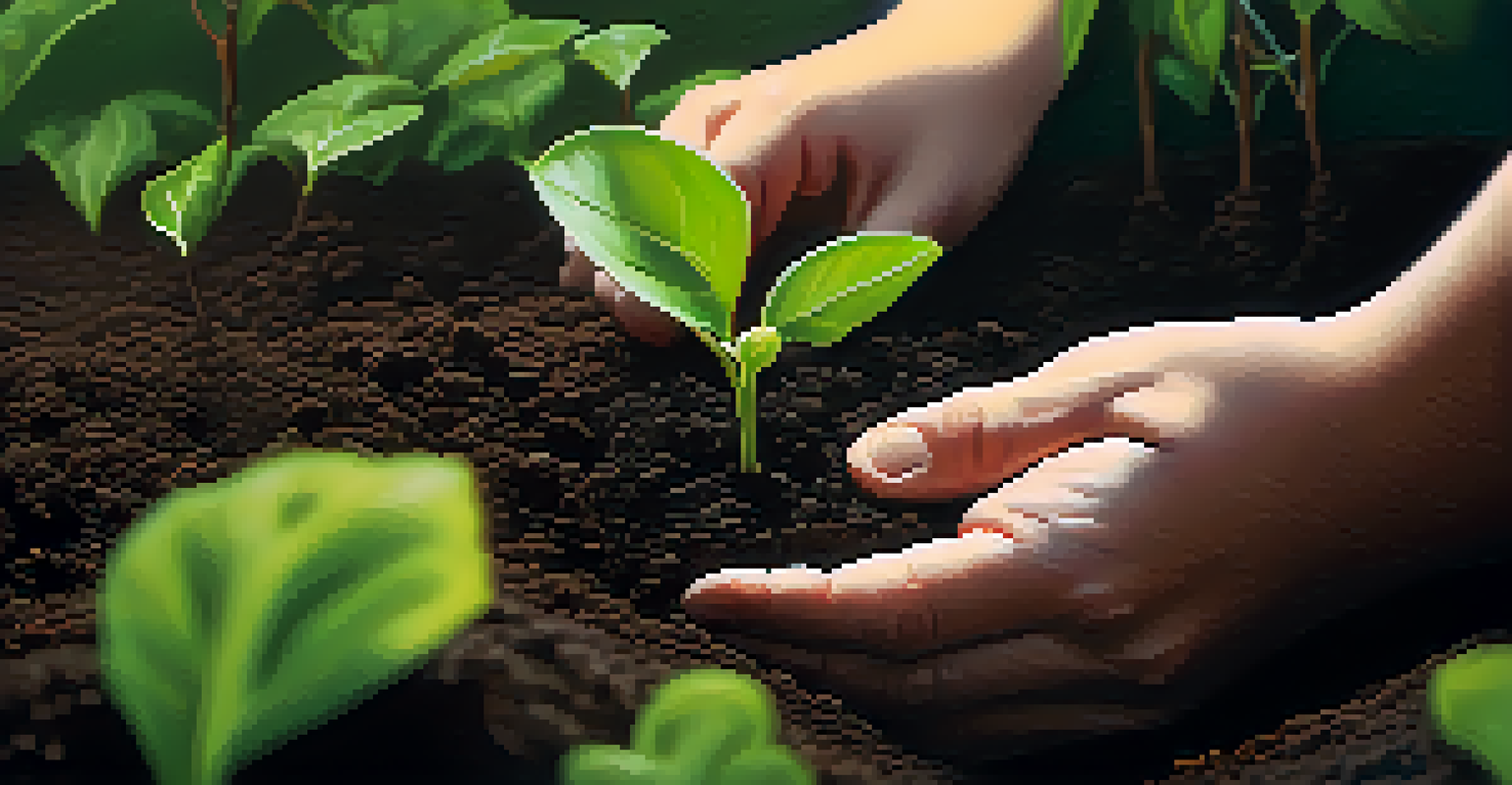 Close-up of hands planting a small green sapling in dark soil, representing growth and nurturing.