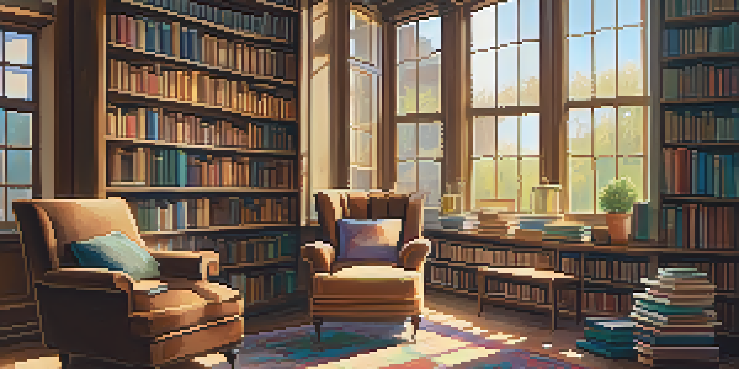 A cozy library with wooden shelves filled with books, a reading nook with an armchair and a cup of tea, illuminated by soft sunlight.