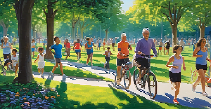 A lively park with people of different ages participating in activities like jogging and yoga, surrounded by nature.