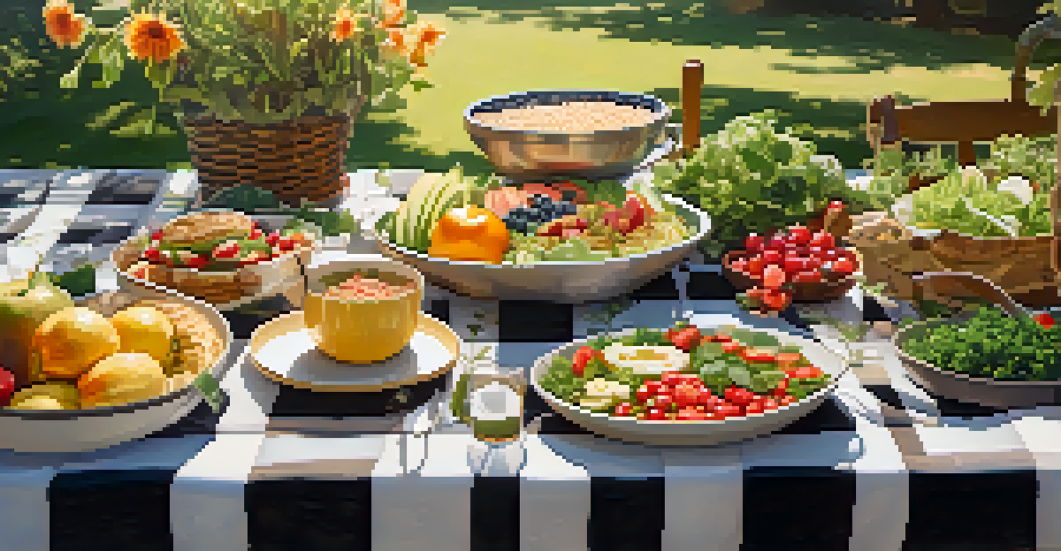 An outdoor picnic with plant-based dishes on a checkered blanket, surrounded by greenery and flowers.