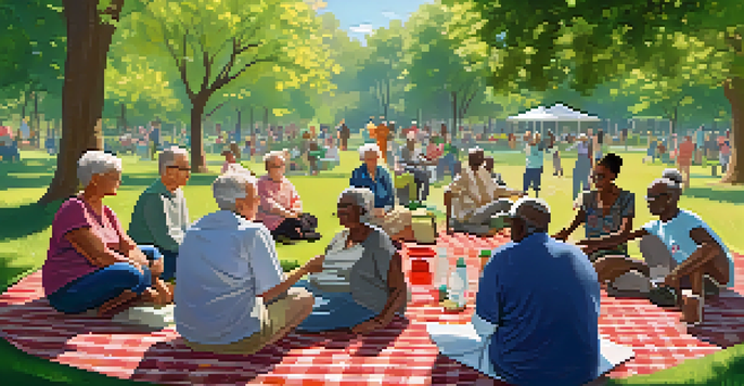 A group of older adults participating in a community health workshop about vaccinations in a sunny park, with a healthcare professional demonstrating techniques.